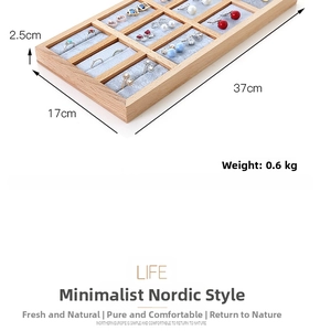Detail of wooden jewelry tray with grey velvet slots showing 37x17x2.5cm dimensions
