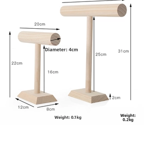 Detail of wooden T-bar jewelry display stands showing dimensions and stable trapezoid base