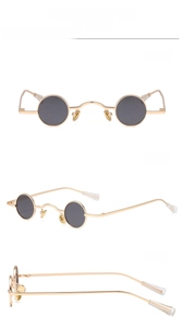 Three views of retro steampunk round sunglasses with gold metal frames and black lenses