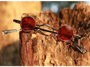 Steampunk sunglasses with red round lenses on a wooden log in sunset light