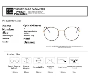 Detailed size chart for retro round metal eyeglasses showing frame dimensions and 18g weight