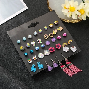 30 pairs of colorful fashion stud earrings set with unicorn and heart shapes