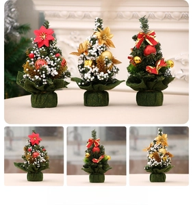 Close-up of mini Christmas trees with felt bases and festive ornaments on a tabletop