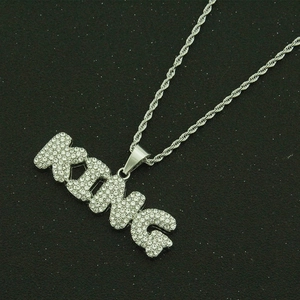 Iced out silver KING letter pendant necklace with rhinestone pavé on a twist chain