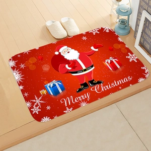 Cozy red Christmas doormat with Merry Christmas text on rustic wooden floor