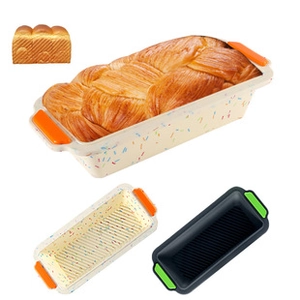 Detailed comparison of silicone toast molds in beige and dark grey with textured bottom