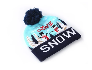 Detail of blue knitted beanie featuring Let it Snow text and decorative fluffy pom-pom
