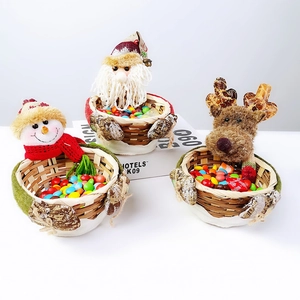 Three Christmas bamboo baskets with Santa, snowman and elk characters for holiday candy