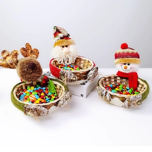 Three Christmas bamboo candy baskets featuring Santa, Reindeer and Snowman designs
