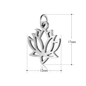 Detailed view of stainless steel lotus pendant with 17mm by 12mm dimensions