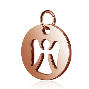 Detailed view of rose gold round pendant with angel cutout and metal hanging ring