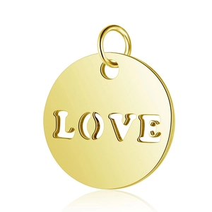 Polished gold stainless steel heart pendant with LOVE cutout design on white background