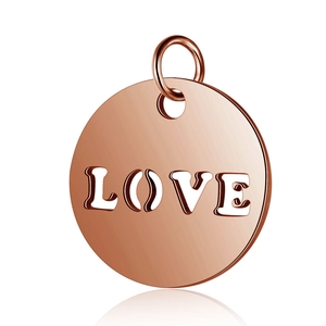 Macro shot of rose gold heart LOVE cutout pendant with high-polished metal finish