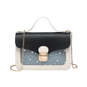 Star print flap crossbody bag with tri-color leather, gold chain, and metal handle
