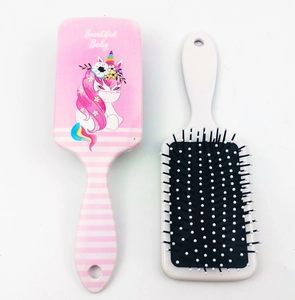 Detailed front and back view of a pink unicorn cartoon plastic air cushion hairbrush