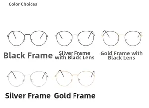 Macro shot showing five color variants of metal round frame blue light blocking glasses