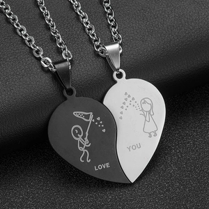 Matching cat couple heart pendants in black and silver steel with Love You engraving