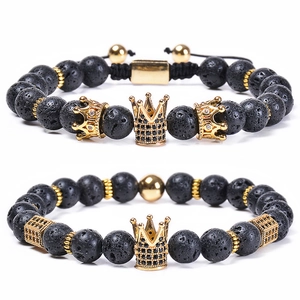 Natural Stone Bead Bracelet Copper Crown Micro Pave Zircon Adjustable Fashion Jewelry For Men Women
