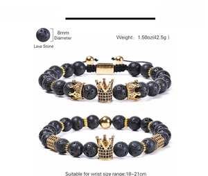 Detail of 8mm lava stone crown bracelets showing natural texture and gold zircon accents