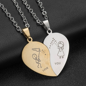 Couples stitching heart pendant necklace in gold and silver with Love You engraving