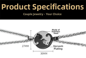 Detail view of interlocking cat-shaped couple necklaces in polished black and white steel