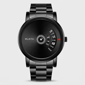 Minimalist all-black men's stainless steel watch with unique concentric rotating disk dial