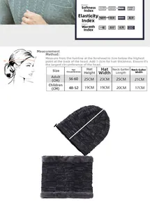 Size guide for men and kids fleece-lined knit beanie and neck warmer set with measurements