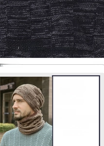 Close-up of brown men's knit beanie and neck gaiter set with warm arctic fleece lining