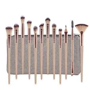 Detailed set of 12 professional champagne gold makeup brushes with a silver storage pouch