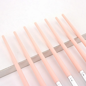 Close-up of pink handles and silver metal ferrules of an 8-piece professional makeup brush set