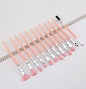 Set of 12 professional pink makeup brushes with silver ferrules neatly arranged on surface