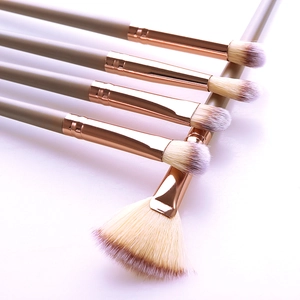 Detailed shot of makeup brush set with rose gold ferrules and fan brush on white background