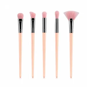 Detailed view of 5-piece pink makeup brush set with silver ferrules on white background