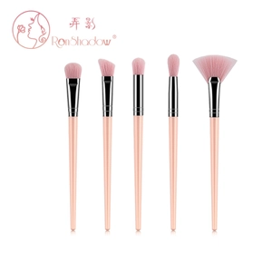 Detailed view of 5-piece pink makeup brush set with silver ferrules on white background
