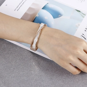 Double-layer 18k gold plated bangle with twisted rope design and pave zircon crystals