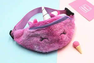 Close-up of pink unicorn plush waist bag with glitter horn and embroidery detail