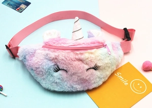 Detailed macro view of colorful plush unicorn waist bag with gradient faux rabbit fur