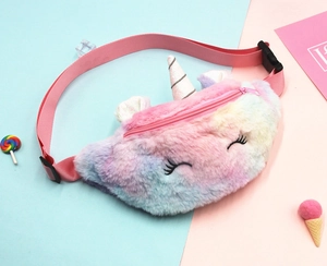 Detail of plush unicorn waist bag with rainbow faux fur and adjustable pink strap