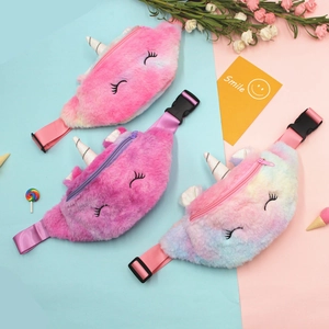 Plush unicorn waist bags for kids in pink and purple colors with glitter horns