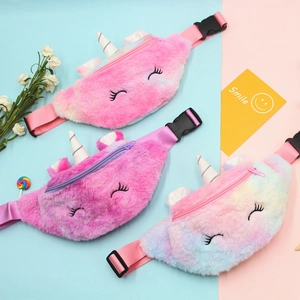 Kids Plush Unicorn Waist Bag Cartoon Adjustable Strap Rainbow Fuzzy Fanny Pack For Girls Travel Outdoor Cute