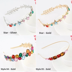 Detail showcasing variety of baroque metal headbands with rhinestones and faux pearls