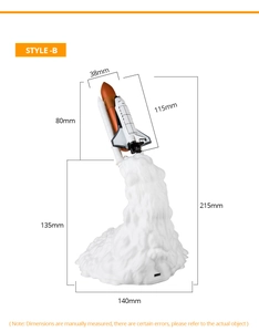 Detailed size chart of the 3D printed space shuttle lamp with dimensions in millimeters