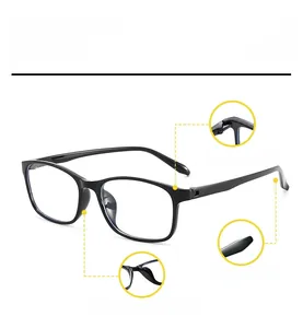 Detail of TR90 glasses frame showing screwless hinge, curved temple and comfort nose pads
