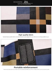 Detail shot of the iconic plaid fabric texture and reinforced leather handle stitching