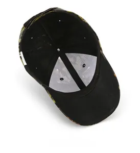 Detail view of cotton camo baseball cap interior showing sweatband and 100% cotton label