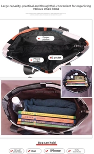 Detail view of large tote bag interior with multiple compartments for books and daily items