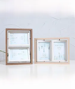 Detail of creative double-sided rotating wooden photo frame with multiple frames and metal hinges