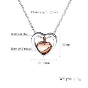 Double heart stainless steel urn necklace with rose gold inner pendant and O-chain detail