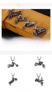 Detailed views of stainless steel motorcycle pendants with size and weight measurements
