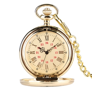 Classic gold pocket watch with Roman numerals and metal chain on white background
